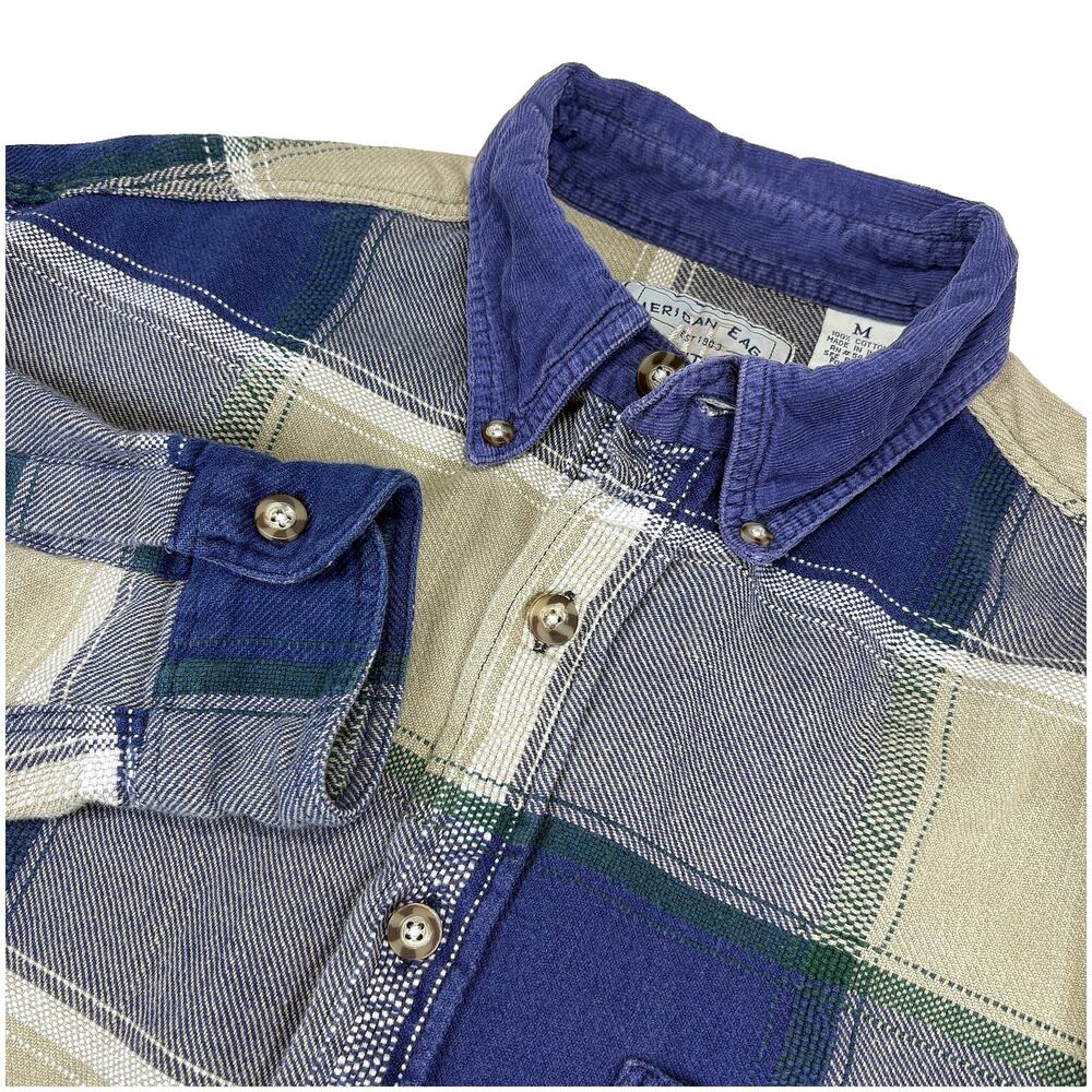 American Eagle VTG Plaid Button Down Shirt Men’s M Blue Corduroy Collar Grunge